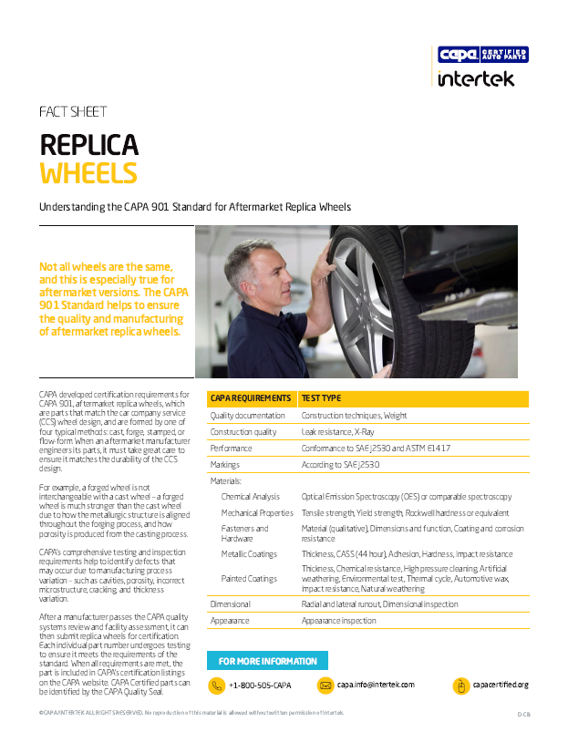 Information on the CAPA 901 Standard for Aftermarket Replica Wheels.