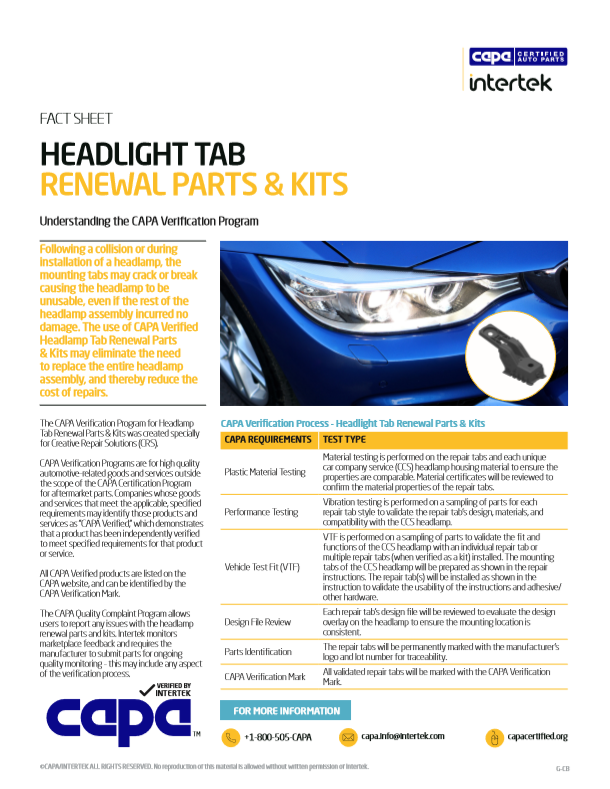 Information on requirements for the CAPA Verification Program for Headlamp Tab Renewal Parts & Kits.