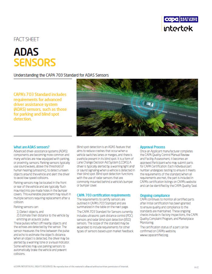 CAPA’s 703 Standard includes requirements for advanced driver assistance system (ADAS) sensors, such as those for parking and blind spot detection.