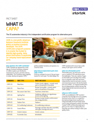 General information on the CAPA Certification Program, including an overview of why CAPA was created, available CAPA Standards, and how to determine if a part is CAPA Certified.
